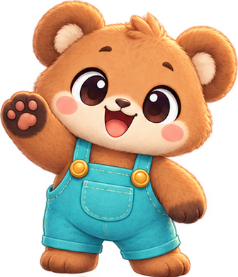 Brown bear cub in turquoise overalls